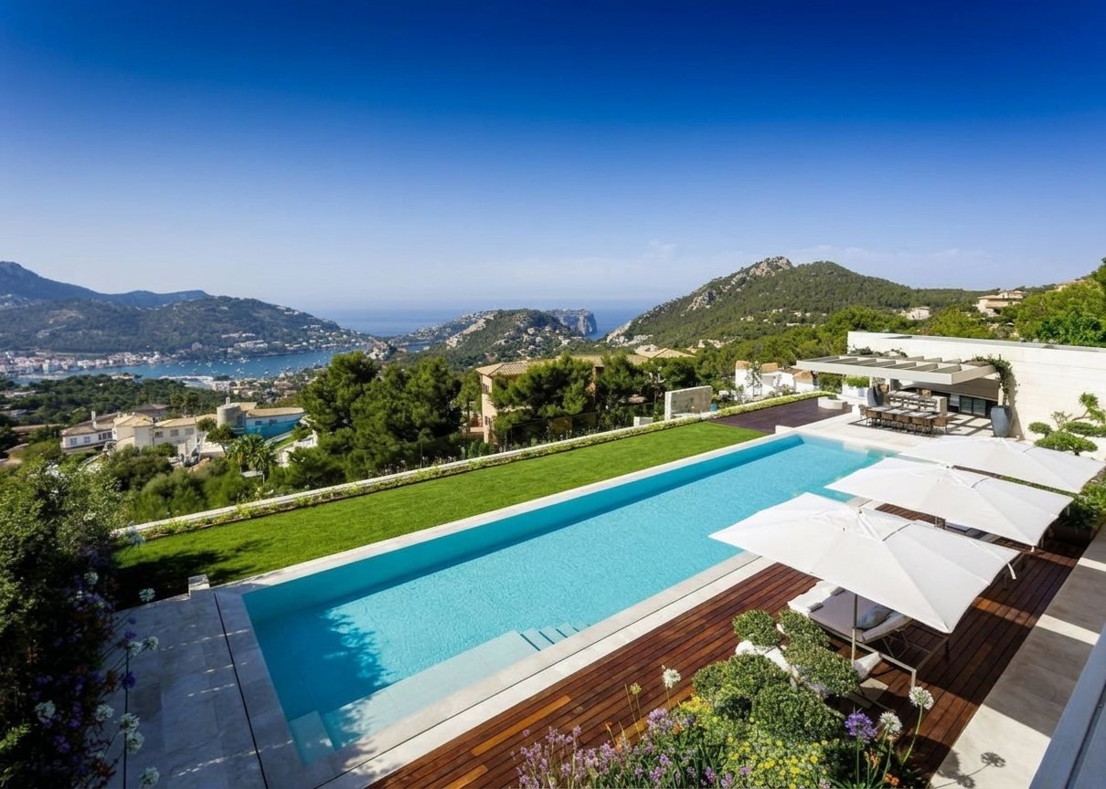 Infinity-Pool und Garten mit Meerblick in einer Villa auf Mallorca