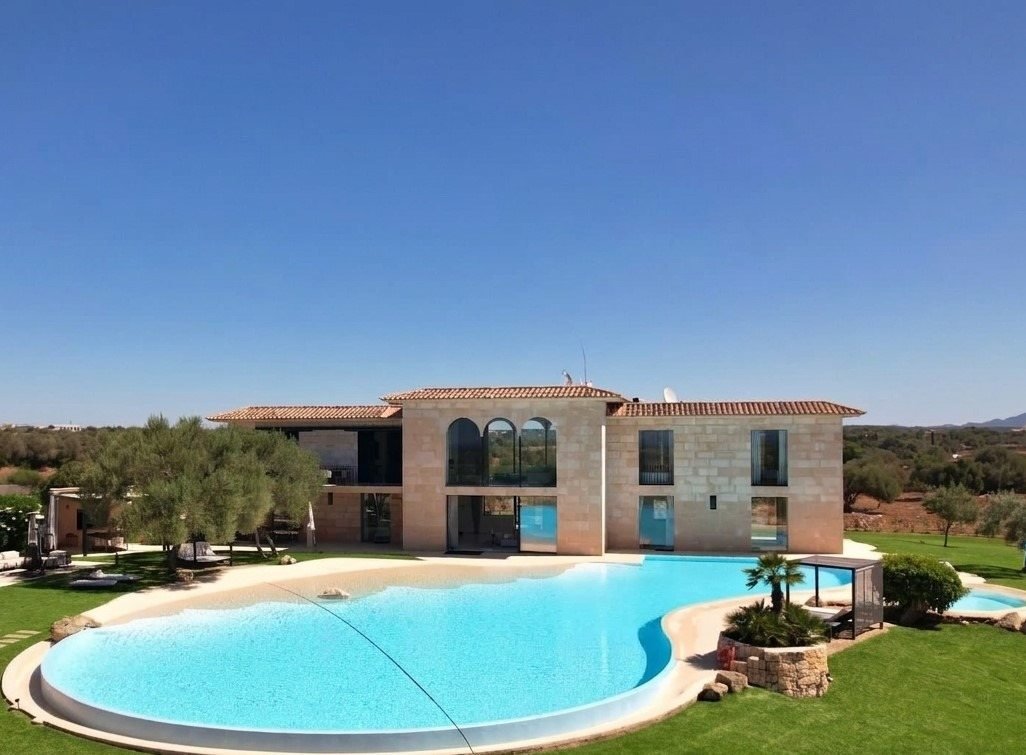 Pool und Rasen der Villa Eden Roc in Ses Salines, Mallorca
